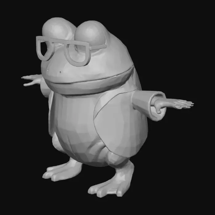 3D model for Low-poly anthropomorphic frog alchemist, potion vials, satchel of herbs, tiny spectacles, loose robe, friendly scholarly look, stylized proportions, smooth simplified shapes, vibrant magical colors, medieval fantasy, Armello-inspired low poly hero.