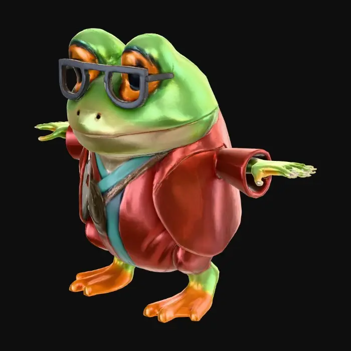3D model for Low-poly anthropomorphic frog alchemist, potion vials, satchel of herbs, tiny spectacles, loose robe, friendly scholarly look, stylized proportions, smooth simplified shapes, vibrant magical colors, medieval fantasy, Armello-inspired low poly hero.