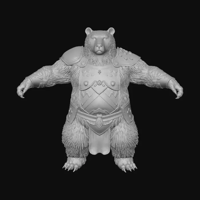 3D model for A massive humanoid bear warrior, heavily muscled with thick charcoal fur. Wears reinforced lamellar armor of stone and iron plates, engraved with old clan runes. Holds a two-handed warhammer glowing faintly with primal spirit energy. Posture noble and stoic. Face stern and wise. Snow crystals clinging to fur and armor. Rugged realism, high-detail textures, grounded fantasy style reminiscent of Armello but more realistic, no cartoon effects.