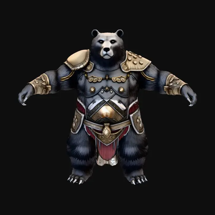 3D model for A massive humanoid bear warrior, heavily muscled with thick charcoal fur. Wears reinforced lamellar armor of stone and iron plates, engraved with old clan runes. Holds a two-handed warhammer glowing faintly with primal spirit energy. Posture noble and stoic. Face stern and wise. Snow crystals clinging to fur and armor. Rugged realism, high-detail textures, grounded fantasy style reminiscent of Armello but more realistic, no cartoon effects.