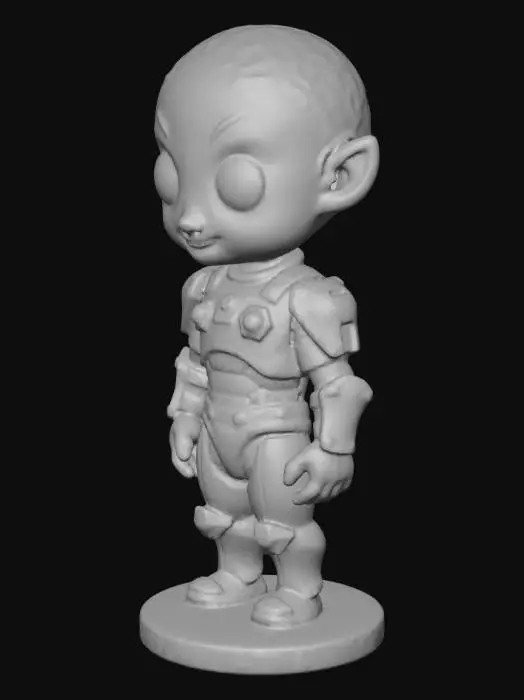 3D model for 5-inch tall figurine of the spirit of a Bambu Labs X1-Carbon printer. Humanoid shape with smooth carbon-fiber style armor, curved geometric panels, subtle weave texture. Calm wise face with a tiny playful smile. One hand lifts a thick ribbon of printed filament, the other on the hip, confident and slightly mischievous. Cable-like details on arms, small gear accents, nozzle-shaped chest emblem. Strong, printable shapes, no thin spikes or wings. Round stable base with light layer-pattern texture. Single solid watertight model, sturdy for 3D printing.