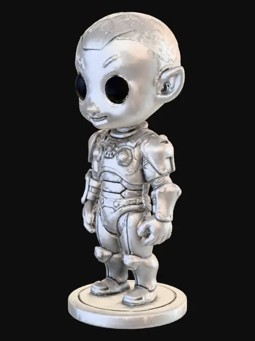 3D model for 5-inch tall figurine of the spirit of a Bambu Labs X1-Carbon printer. Humanoid shape with smooth carbon-fiber style armor, curved geometric panels, subtle weave texture. Calm wise face with a tiny playful smile. One hand lifts a thick ribbon of printed filament, the other on the hip, confident and slightly mischievous. Cable-like details on arms, small gear accents, nozzle-shaped chest emblem. Strong, printable shapes, no thin spikes or wings. Round stable base with light layer-pattern texture. Single solid watertight model, sturdy for 3D printing.