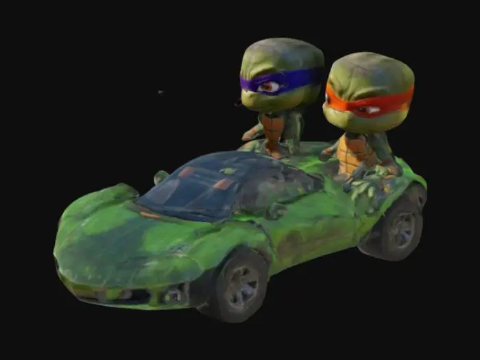 3D model for A breathtaking and action-packed scene of Ronaldo and Messi racing in a Ninja Turtle-themed car battle in BeamNG.drive. Both characters have hilariously oversized heads, making the race even more comical and exciting. They drive custom sports cars inspired by the Ninja Turtles, featuring green shell patterns and vibrant designs. The race takes place on a massive ramp, launching them high into the sky over a vast ocean, heading toward a mysterious floating castle.