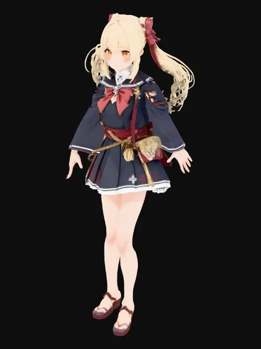 3D model for 髪の毛の色が金髪でポニーテール、巫女服を改造した学生服、目の色は黄土色の女の子、アニメ調、ハイクオリティ