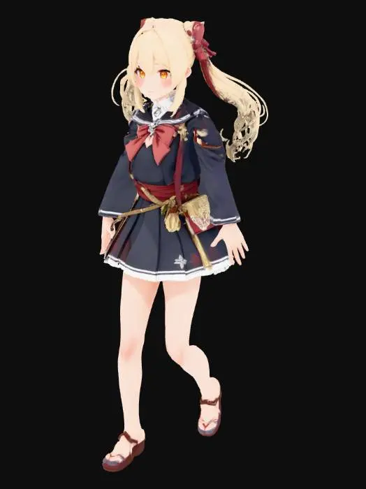 3D model for 髪の毛の色が金髪でポニーテール、巫女服を改造した学生服、目の色は黄土色の女の子、アニメ調、ハイクオリティ
