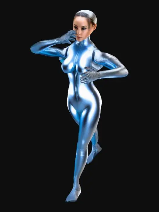 3D model for android, female, large bosom, athletic, beautiful. long cut cable tails. chrome reflective skin, (s)kintight jumpsuit.