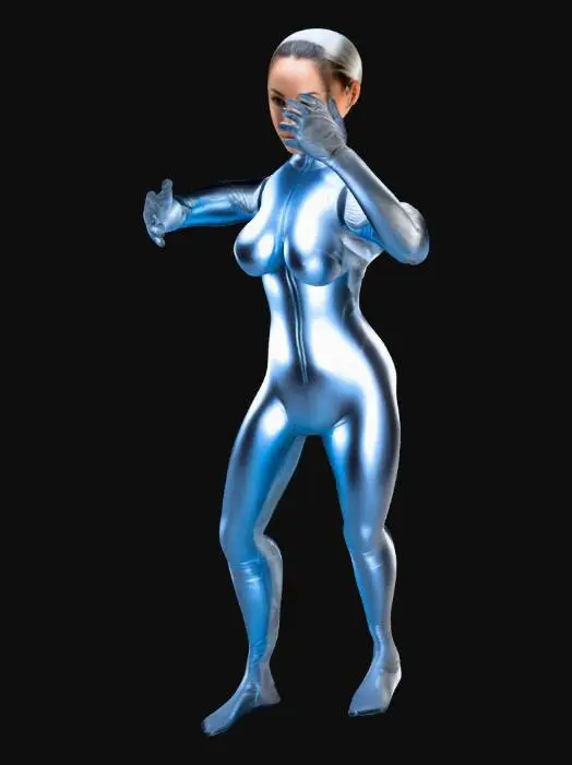 3D model for android, female, large bosom, athletic, beautiful. long cut cable tails. chrome reflective skin, (s)kintight jumpsuit.
