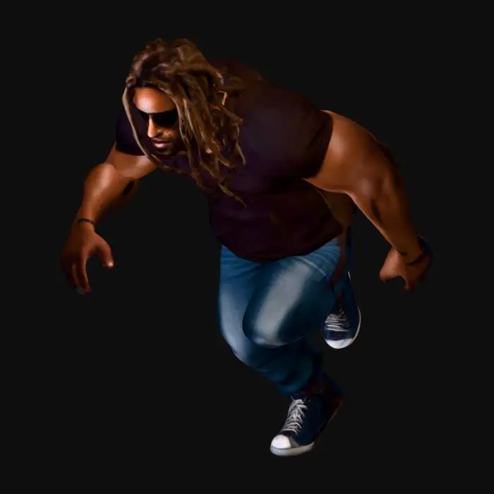 3D model for urbanite, male, muscular, athletic, handsome. dreadlocks. dark skin, sunglasses, trendy casual jeans and tshirt.