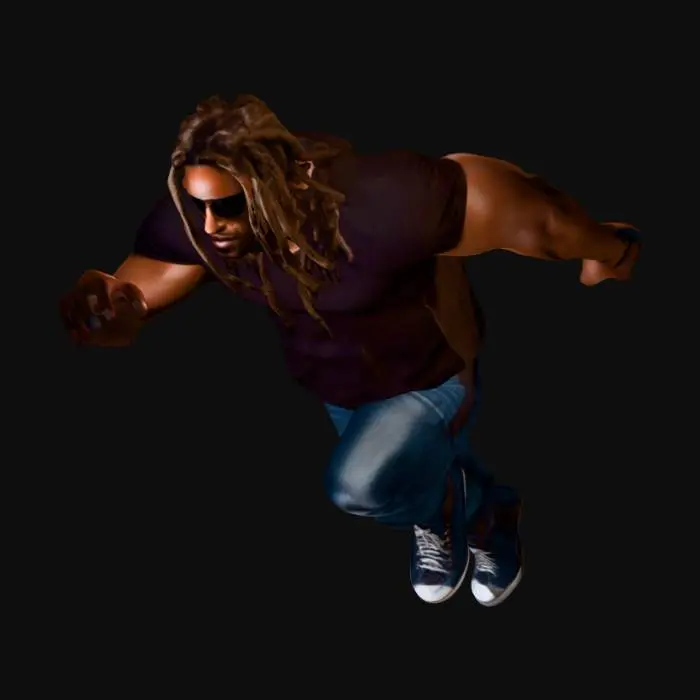 3D model for urbanite, male, muscular, athletic, handsome. dreadlocks. dark skin, sunglasses, trendy casual jeans and tshirt.