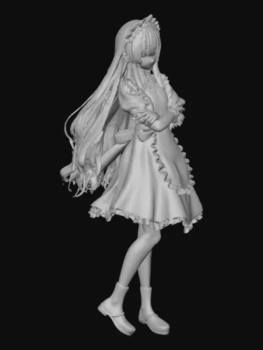 3D model for Gray hair, beautiful girl, long hair, red eyes, alone Anime-style drawing Smooth movement Scene from a movie Sharpen shadows Blur the background with solid lines Daytime filter Overlay bright solids Daytime use Solid face Maid uniform