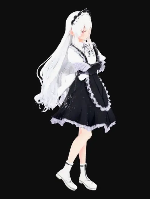 3D model for Gray hair, beautiful girl, long hair, red eyes, alone Anime-style drawing Smooth movement Scene from a movie Sharpen shadows Blur the background with solid lines Daytime filter Overlay bright solids Daytime use Solid face Maid uniform