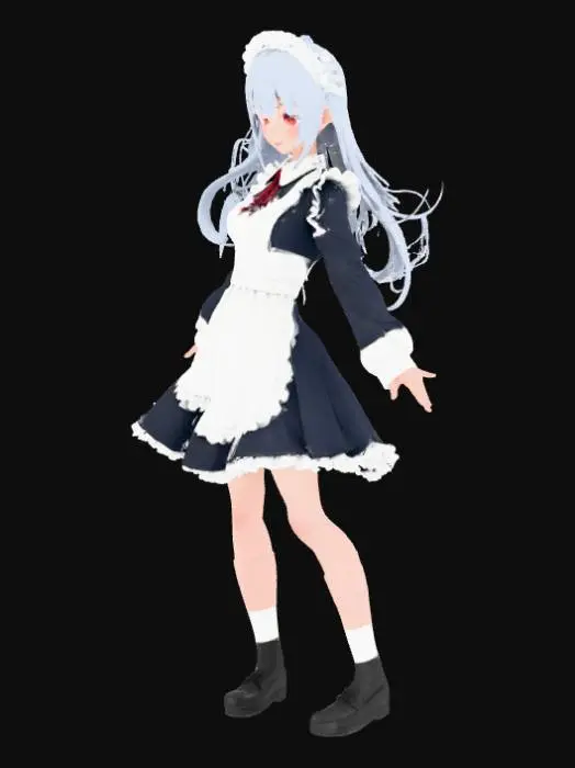 3D model for Gray hair, beautiful girl, long hair, red eyes, alone Anime-style drawing Smooth movement Scene from a movie Sharpen shadows Blur the background with solid lines Daytime filter Overlay bright solids Daytime use Solid face Maid uniform He is facing forward with his arms outstretched to his sides.