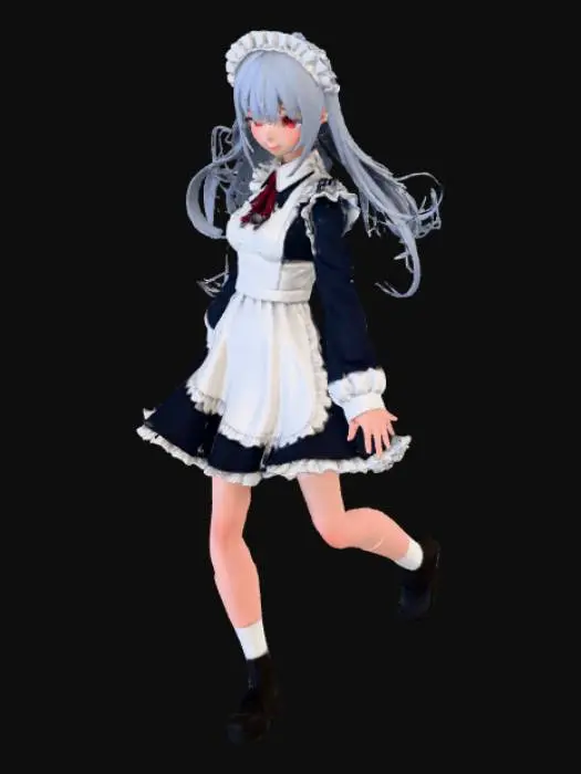 3D model for Gray hair, beautiful girl, long hair, red eyes, alone Anime-style drawing Smooth movement Scene from a movie Sharpen shadows Blur the background with solid lines Daytime filter Overlay bright solids Daytime use Solid face Maid uniform He is facing forward with his arms outstretched to his sides.