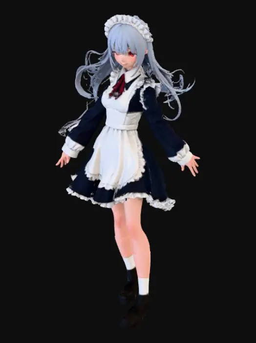 3D model for Gray hair, beautiful girl, long hair, red eyes, alone Anime-style drawing Smooth movement Scene from a movie Sharpen shadows Blur the background with solid lines Daytime filter Overlay bright solids Daytime use Solid face Maid uniform He is facing forward with his arms outstretched to his sides.