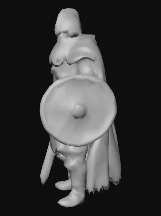 3D model for Generate a bandit with iron helmet and one sword in the ight hand and a shield in the left hand. The beard of the bandit should be brown and almsot dwarvish in style. Art style should be hyper realistic. The bandit's eye should be menacing and very angry