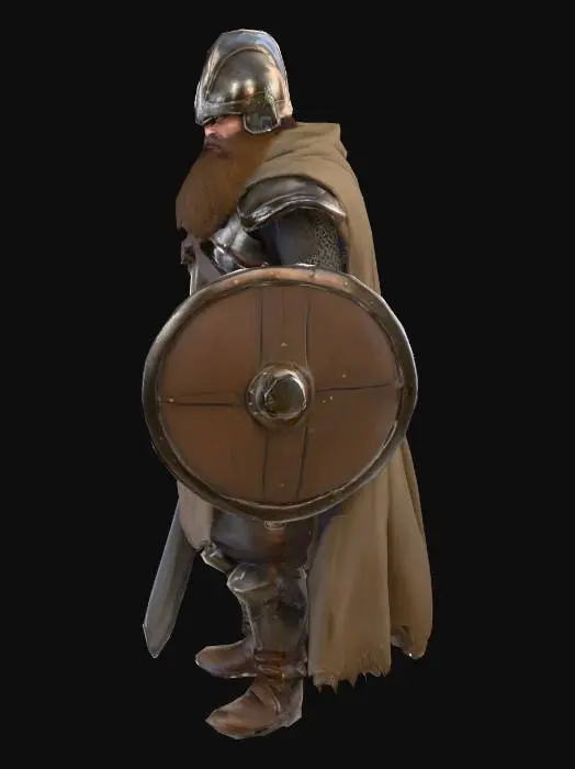 3D model for Generate a bandit with iron helmet and one sword in the ight hand and a shield in the left hand. The beard of the bandit should be brown and almsot dwarvish in style. Art style should be hyper realistic. The bandit's eye should be menacing and very angry
