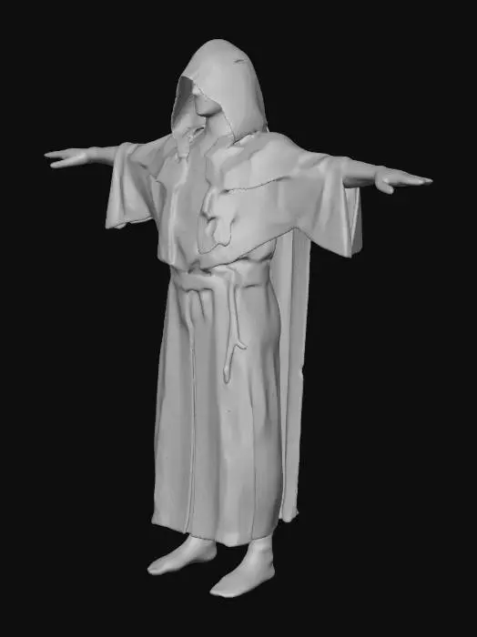 3D model for hyper realistic, hooded merchant, T POSE, medieval, face all black and not visible