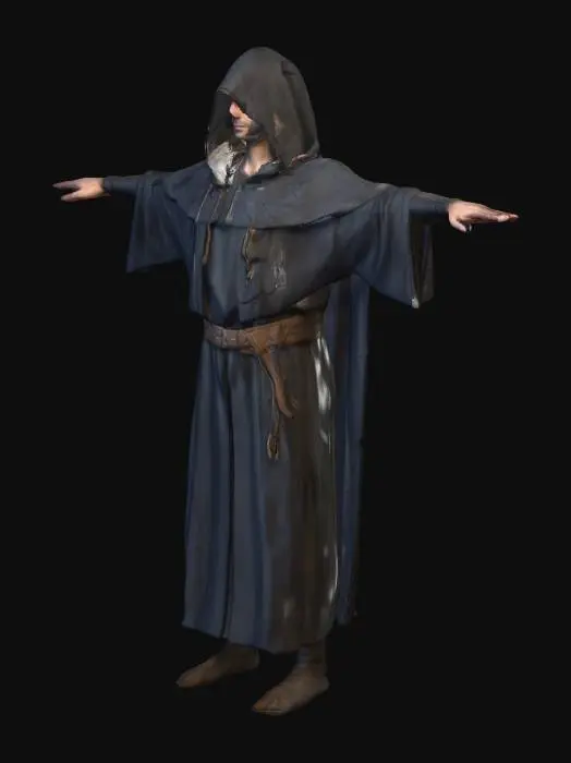3D model for hyper realistic, hooded merchant, T POSE, medieval, face all black and not visible