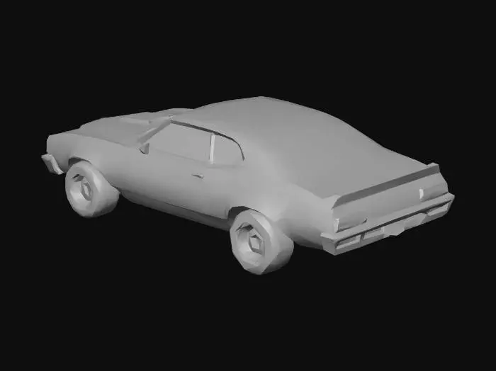 3D model for Low poly 3D model of a 1970s American muscle car, PS1 graphics style, vertex jitter aesthetic. The car is in poor condition, heavily rusted body, cracked windshield, peeling red paint with exposed brown metal. Extremely low polygon count, blocky geometry, chunky wheels. Low resolution pixelated textures, affine texture mapping style, 256x256 texture resolution, gritty retro horror vibe, isolated on white background.
