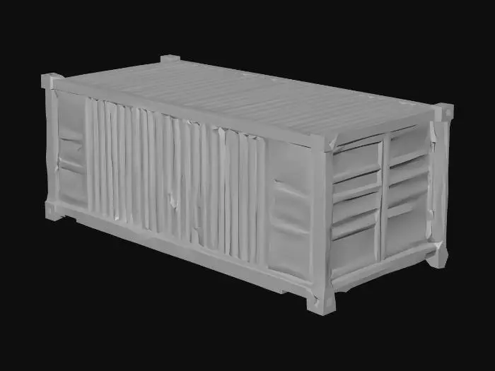 3D model for intermodal shipping container, BOTH doors fully open and folded to the sides,
walk-through from one end to the other, hollow interior with modeled surfaces and thickness,
doors as separate parts (left door, right door) + container body,
low-poly, game-ready, single material if possible, clean UVs, PBR textures,
no objects inside, no closed back wall

