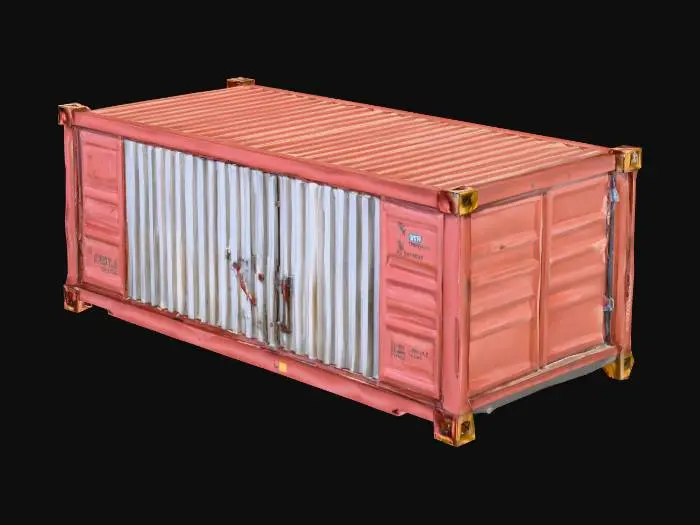 3D model for intermodal shipping container, BOTH doors fully open and folded to the sides,
walk-through from one end to the other, hollow interior with modeled surfaces and thickness,
doors as separate parts (left door, right door) + container body,
low-poly, game-ready, single material if possible, clean UVs, PBR textures,
no objects inside, no closed back wall
