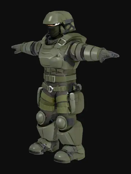 3D model for stylized assault trooper character, Warface × Roblox mix,
blocky heroic proportions (Roblox-like), realistic tactical gear,
T-pose, game-ready, full body (head, torso, arms, legs, boots, gloves),
modular armor plates and plate carrier, knee pads, elbow pads,
closed helmet with tinted visor or balaclava + headset,
clean hard-surface details, no weapon in hands, no base, no stand,
hollow inside where needed, manifold geometry, correct wall thickness,
low-poly but detailed silhouette, single material if possible,
clean UVs, PBR textures (BaseColor, Normal, Roughness, Metallic),
separate logical parts (helmet, body, arms, legs) as mesh groups,
triangles 6k–8k max, T-pose facing +Z, feet on ground, origin at feet
