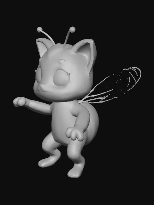3D model for A cute cat-bee hybrid in a neutral T-pose or standing pose. Chibi style, thick limbs, simplified shapes. 3D stylized model for Roblox, forest fairy theme. Honeycomb patterns on the fur. Soft clay-like material, bright lighting, high-fidelity toon shading.