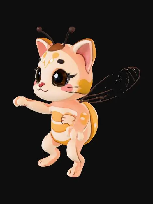 3D model for A cute cat-bee hybrid in a neutral T-pose or standing pose. Chibi style, thick limbs, simplified shapes. 3D stylized model for Roblox, forest fairy theme. Honeycomb patterns on the fur. Soft clay-like material, bright lighting, high-fidelity toon shading.