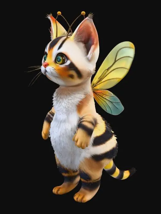 3D model for Low poly 3D model of a cute hybrid creature, half cat half honey bee. Round chubby body, kitten head with small bee antennae, fluffy fur texture, translucent iridescent fairy wings on the back. Yellow and black striped pattern. Stylized hand-painted texture, vibrant colors, magical elven aesthetic. Clean mesh, no background, high quality.