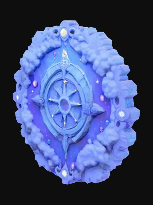 3D model for In the center is the government symbol of Cosmopolis, which blends medieval bas-relief aesthetics with psychedelic surrealism, encrusted with glowing blue-violet jewels and flanked by stars and clouds in irregular shapes.