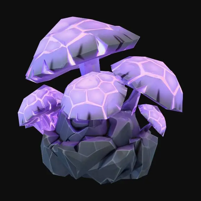 3D model for A cluster of large, angular, mushroom-like fungi growing on a rock. Caps are geometric plates that emit a soft, pulsating violet bioluminescence. Stylized, alien, modular game asset for a survival game.