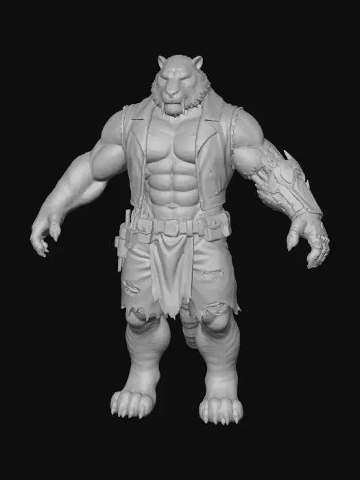 3D model for a sexy and rugged, full body image of a large muscular male humanoid sabretooth, he stands upright with straight legs and arms extended horizontally. he wears tattered light-brown shorts with a black leather loincloth over shorts, wears an open sleeveless vest, his left arm is cybernetic with a gold and bronze color, a bronze monocle over his right eye, he wears a mechanic tool belt on his waist,