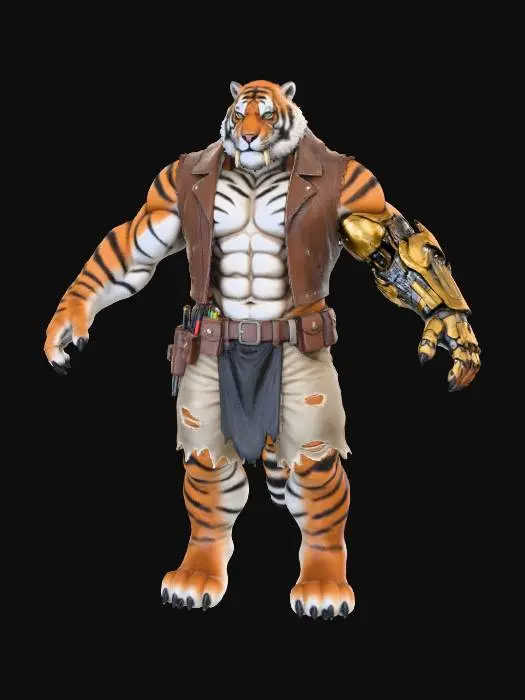 3D model for a sexy and rugged, full body image of a large muscular male humanoid sabretooth, he stands upright with straight legs and arms extended horizontally. he wears tattered light-brown shorts with a black leather loincloth over shorts, wears an open sleeveless vest, his left arm is cybernetic with a gold and bronze color, a bronze monocle over his right eye, he wears a mechanic tool belt on his waist,