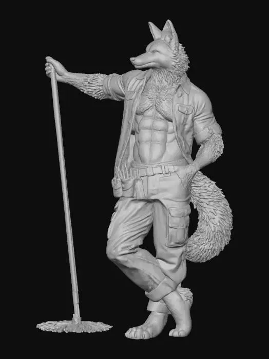 3D model for The object is anthropomorphic with a muscular, furry texture, featuring a coyote-like form, standing upright and wearing clothing with detailed textures and shadows.