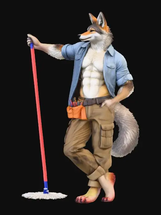 3D model for The object is anthropomorphic with a muscular, furry texture, featuring a coyote-like form, standing upright and wearing clothing with detailed textures and shadows.