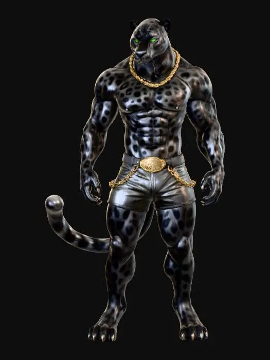3D model for The object is a muscular, anthropomorphic panther with a sleek, spotted fur texture, glowing eyes, a gold necklace, black leather shorts with gold accessories, and a long tail.