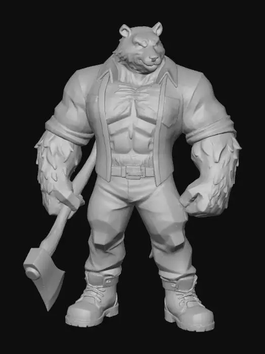 3D model for The object is a stylized, anthropomorphic bear with a muscular physique, wearing a red plaid shirt, jeans, boots, and holding an axe, featuring a textured, fur-covered surface and a cartoonish, exaggerated geometric form.