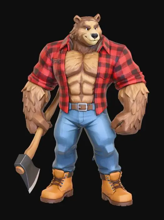 3D model for The object is a stylized, anthropomorphic bear with a muscular physique, wearing a red plaid shirt, jeans, boots, and holding an axe, featuring a textured, fur-covered surface and a cartoonish, exaggerated geometric form.