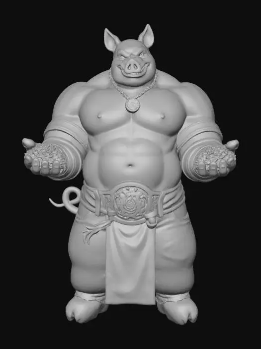 3D model for The object is a stylized, muscular humanoid with pig-like features, a pig tail, smooth, rounded shapes, and a glossy texture, accentuated by gold accessories and vibrant colors.
