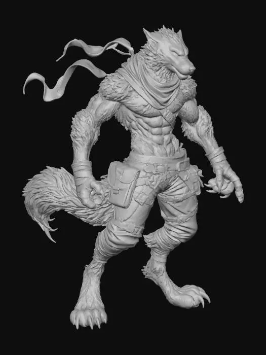 3D model for The object is a muscular anthropomorphic wolf character with sharp, angular features and a detailed textured fur pattern, wearing tactical pants and a flowing orange scarf.