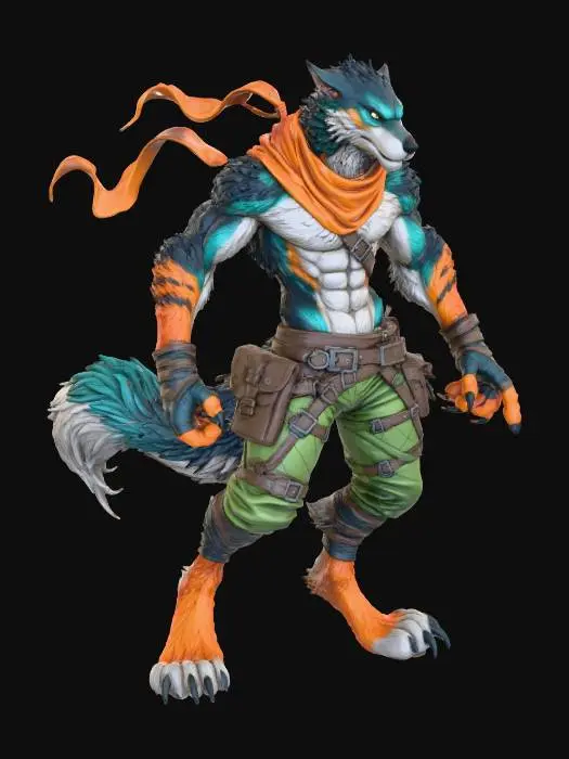 3D model for The object is a muscular anthropomorphic wolf character with sharp, angular features and a detailed textured fur pattern, wearing tactical pants and a flowing orange scarf.