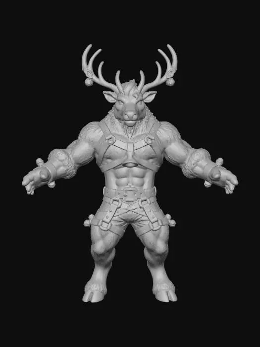 3D model for The image features an adult male Reindeer character with a red glowing nose and light brown eyes, set against a festive snowy landscape with luxurious log cabins. He has a muscular build, dark and light brown fur, and a tuft of hair that matches his coat. Dressed in festive red harnesses adorned with golden sleigh bells, he sports Christmas-themed tight shorts and has no shoes, displaying his hooved feet. Standing confidently with arms extended, he showcases large, intricately designed horns that highlight his playful and festive nature., #Christmas2025#