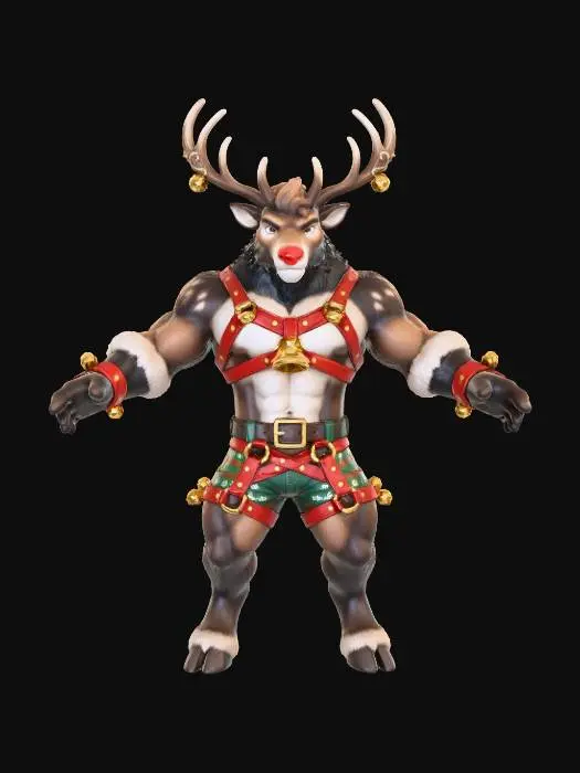 3D model for The image features an adult male Reindeer character with a red glowing nose and light brown eyes, set against a festive snowy landscape with luxurious log cabins. He has a muscular build, dark and light brown fur, and a tuft of hair that matches his coat. Dressed in festive red harnesses adorned with golden sleigh bells, he sports Christmas-themed tight shorts and has no shoes, displaying his hooved feet. Standing confidently with arms extended, he showcases large, intricately designed horns that highlight his playful and festive nature., #Christmas2025#