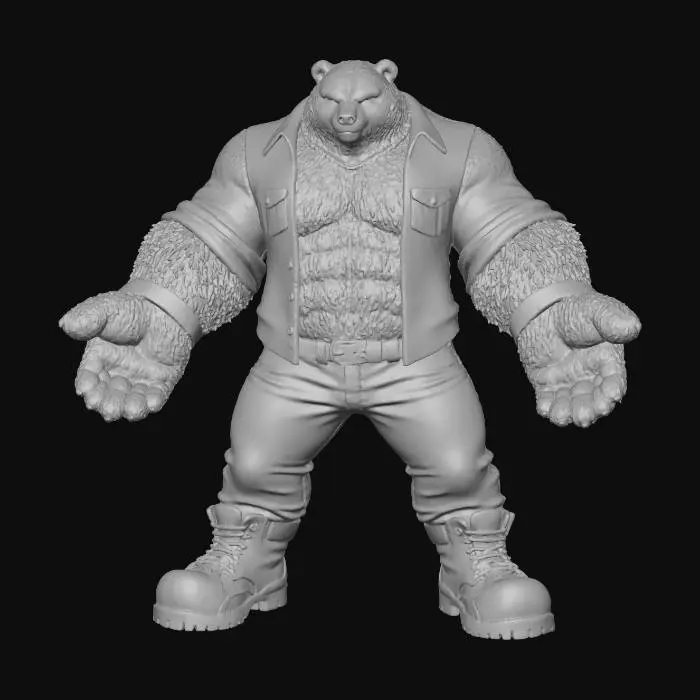 3D model for The object is a muscular anthropomorphic bear with a broad, stocky build, wearing a red and black plaid shirt, jeans, and boots, featuring a textured fur and fabric appearance.