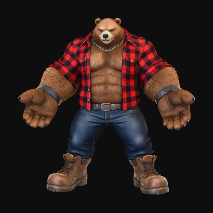 3D model for The object is a muscular anthropomorphic bear with a broad, stocky build, wearing a red and black plaid shirt, jeans, and boots, featuring a textured fur and fabric appearance.