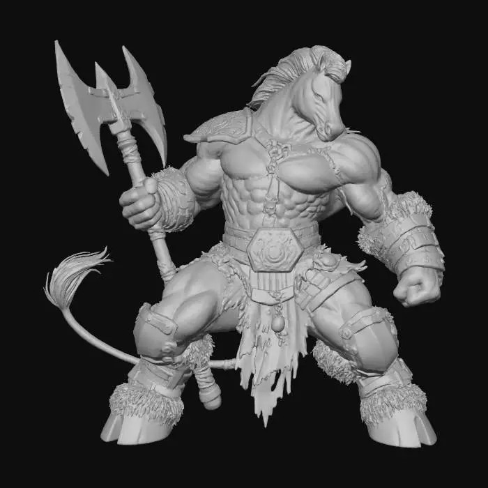 3D model for The object is a muscular humanoid zebra warrior with a striped pattern, wearing ornate leather and metal armor, holding a large double-headed axe, and featuring a textured mane and tail.