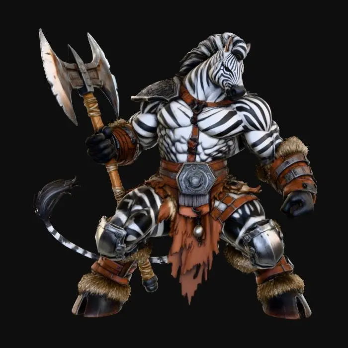 3D model for The object is a muscular humanoid zebra warrior with a striped pattern, wearing ornate leather and metal armor, holding a large double-headed axe, and featuring a textured mane and tail.