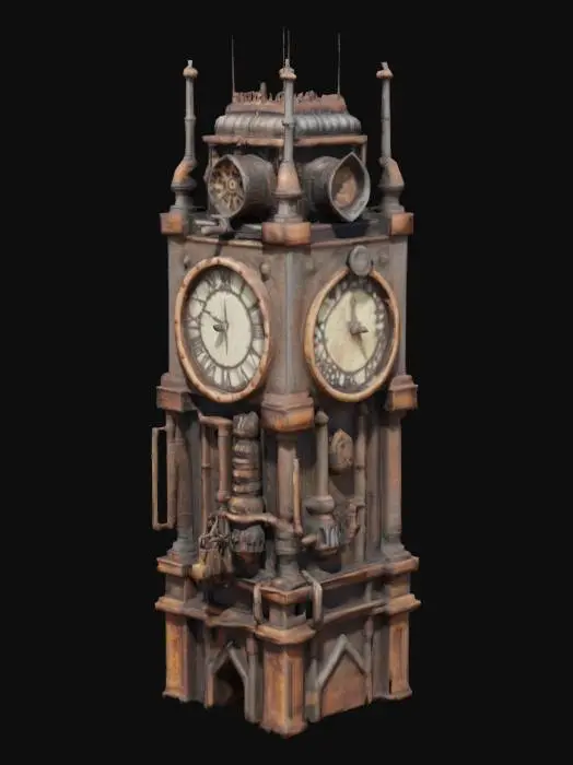 3D model for 蒸汽朋克风格 一个巨大的金属钟楼 布满齿轮 管道 铁锈 4K影视级材质, 结构整洁清晰, 细节丰富#game figure#