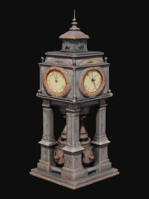 3D model for 蒸汽朋克风格 一个巨大的金属钟楼 布满齿轮 管道 铁锈 4K影视级材质, 结构整洁清晰, 细节丰富#game figure#