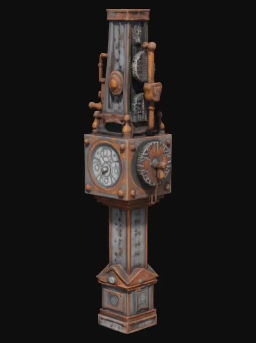 3D model for 蒸汽朋克风格 一个巨大的金属钟楼 布满齿轮 管道 铁锈 4K影视级材质, 结构整洁清晰, 细节丰富#game figure#